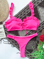 Solid Color Falbala Lace-Up Bikini Swimsuit