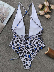 Sexy Blue Leopard Deep V-Neck Backless Bandage One-Piece Swimwear