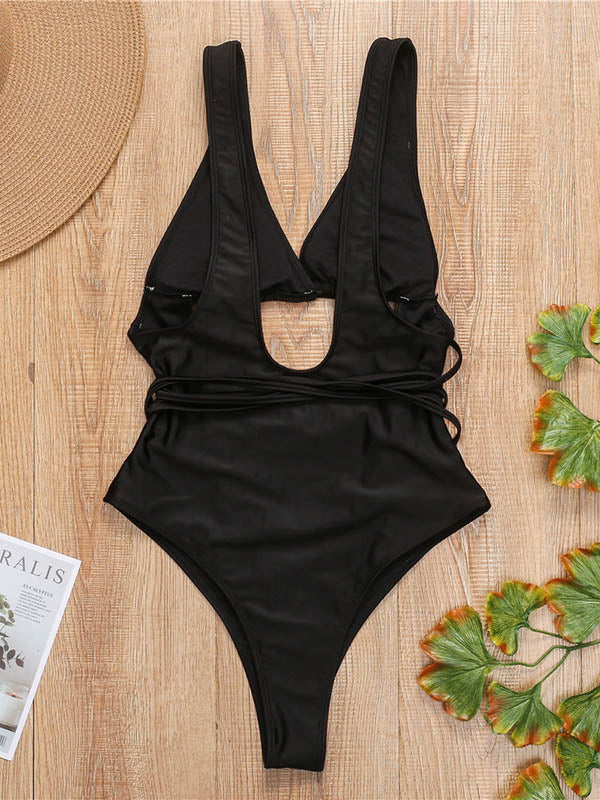 Solid Color Bandage Hollow One-Piece Swimwear