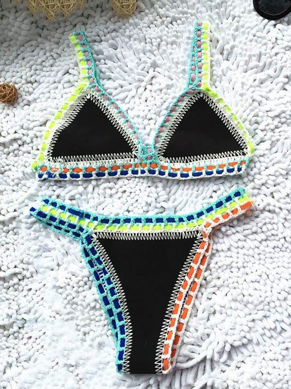 Triangle Patchwork Crochet Neoprene Bikini Swimsuit