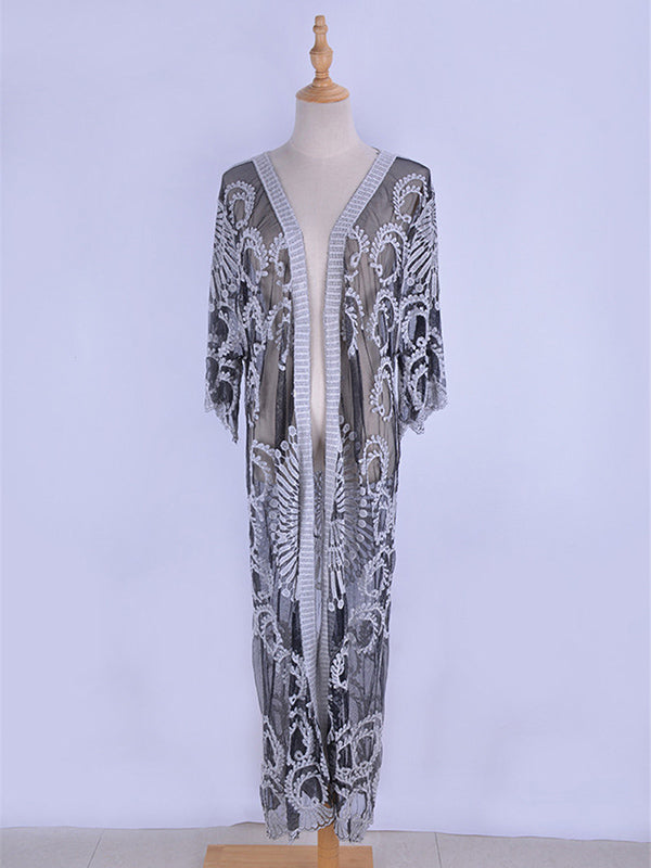 Half-Sleeve Embroidered See-Through Cardigan Cover-Up Swimwear