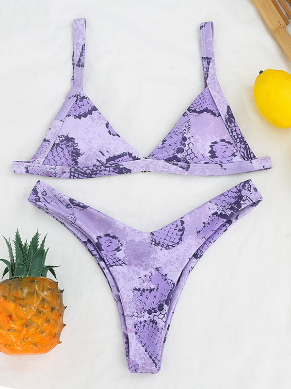 Snake-Print Triangles Split Bikini Swimsuit