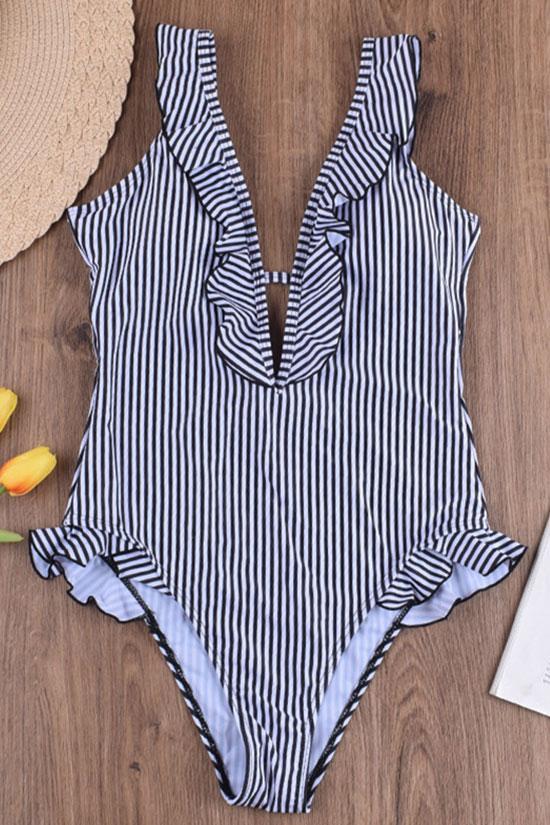 Retro Striped Ruffle V Neck One Piece Swimsuit