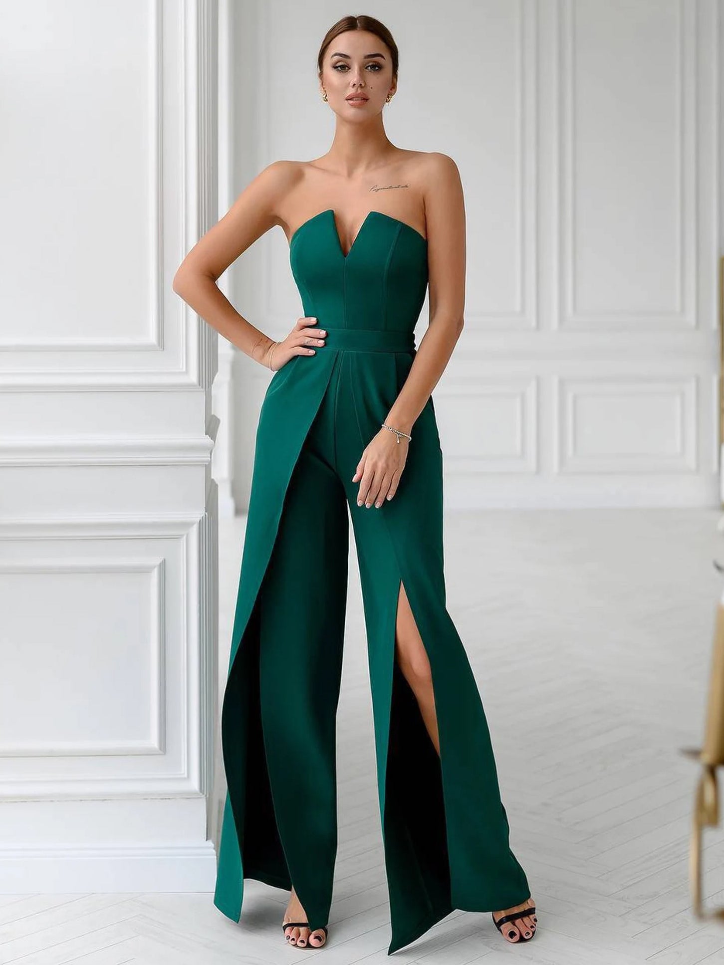 Dark Green Strapless Sleeveless Split Front Backless Strapless Wide Summer One Piece Outfit