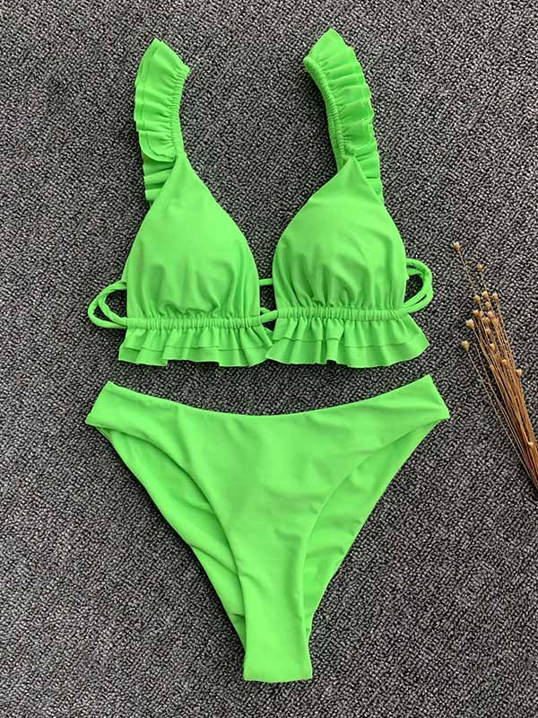 Solid Color Ruffled Triangles Split Bikini Swimsuit