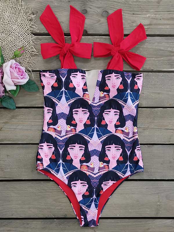 Sexy Bandeau-Bademode mit abstraktem Druck und Schleife 