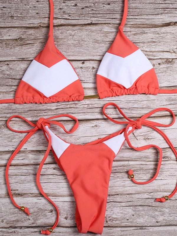 Contrast Color Split-Joint Triangles Bandage Split Bikini Swimsuit