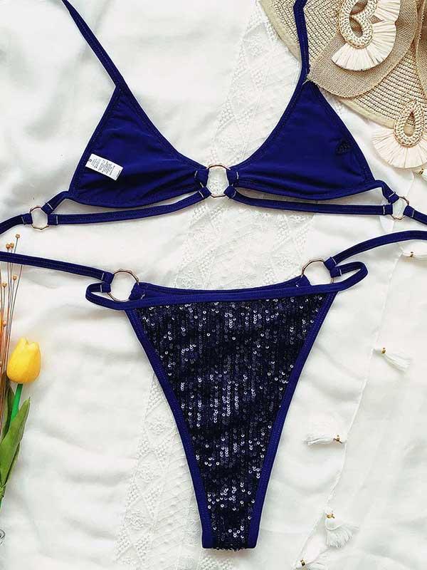 Shiny Sequined Bandage Hollow Split Bikini Swimsuit