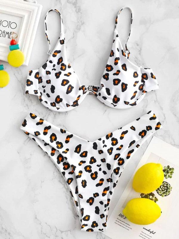 Leopard Print Underwired Triangles Split Bikini Swimsuit