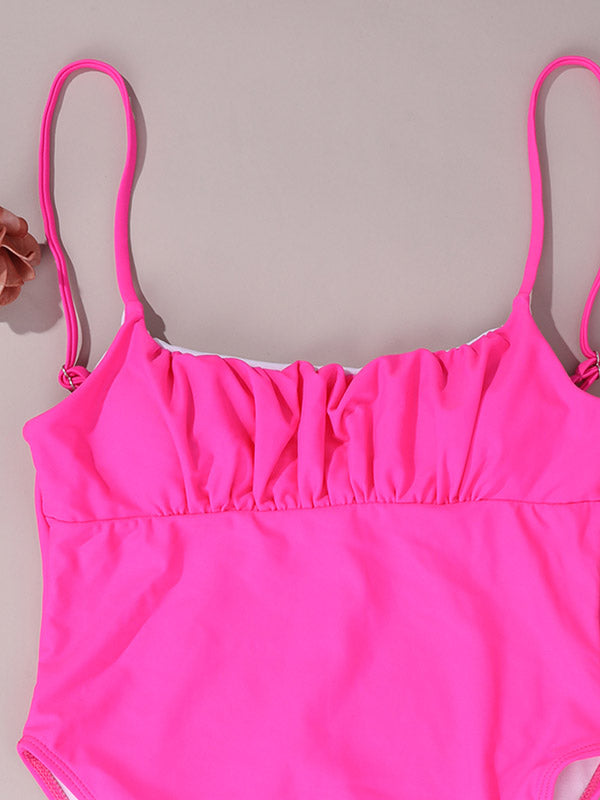 Solid Color Spaghetti-Neck Hollow One-Piece Swimwear