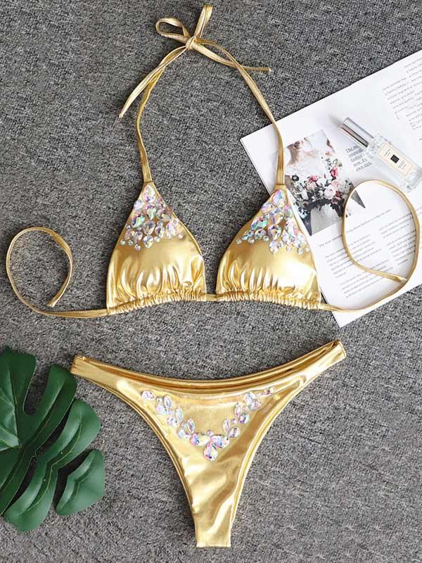 Sexy Gorgeous Embellished Triangles Split Bikini Swimsuit