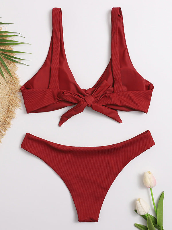 Solid Color Knotted Backless Split Bikini Swimsuit