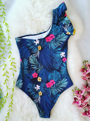 Floral One-Shoulder Falbala Tight One-Piece Swimwear