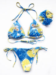 Tie-Dyed Printed Halterneck Split Bikini Swimsuit +Hair Ring