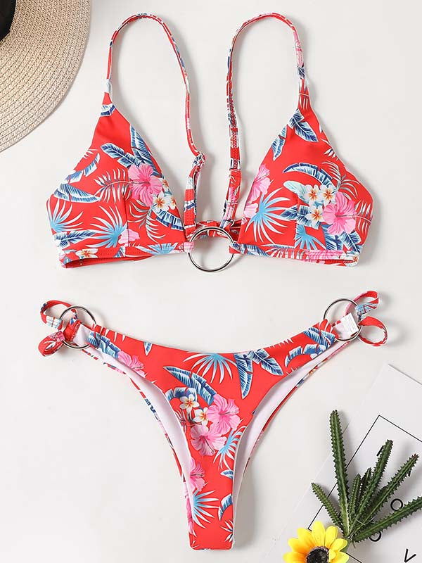 Three-Piece Floral Print Bandage Tie Side Bikini Swimwear