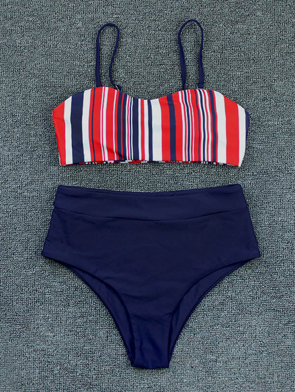 Striped Floral-Print Color-Block Split Bikini Swimsuit