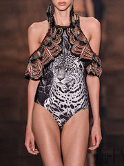 Printed Gorgeous Embellished Falbala Off-The-Shoulder One-Piece Tankini Swimwear