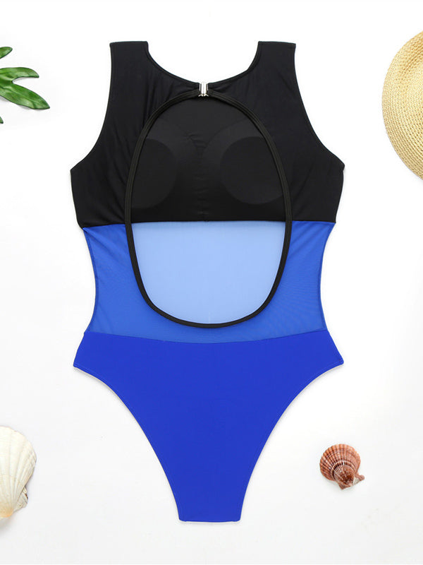 Solid Color Split-Joint See-Through  One-Piece Swimwear