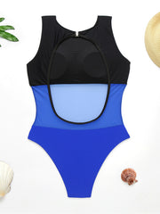 Solid Color Split-Joint See-Through  One-Piece Swimwear