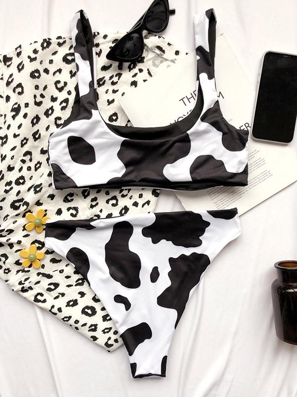 Cow Pattern U-Neck Split Bikini Swimsuit