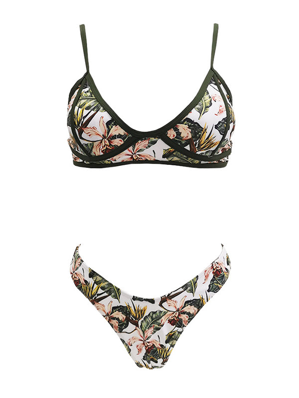 Floral Printed Triangles Spaghetti-Neck Bikini Swimsuit