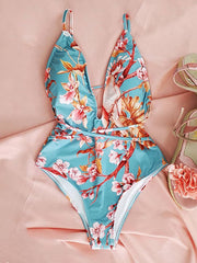 Spaghetti-Neck Floral Belted One-Piece Swimwear