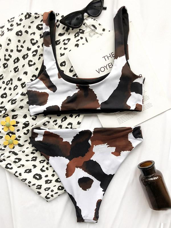 Cow Pattern U-Neck Split Bikini Swimsuit