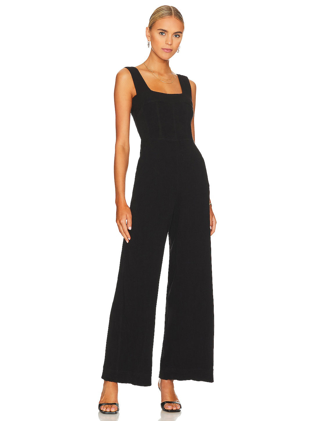 Schwarzer Jumpsuit mit eckigem Ausschnitt, ärmellos, weites Bein, einteiliges Outfit 