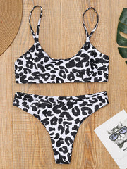 Leopard Print Spaghetti-Neck Split Bikini Swimsuit