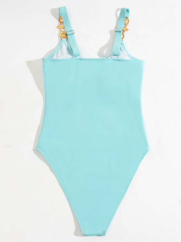 Crystal Decorated Solid Color Tight One-Piece Swimwear