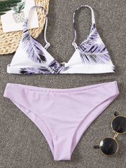 Floral-Print Color-Block Triangles Split Bikini Swimsuit