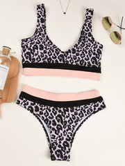 Sleeveless Leopard Print High-Waisted Split Bikini Swimsuit