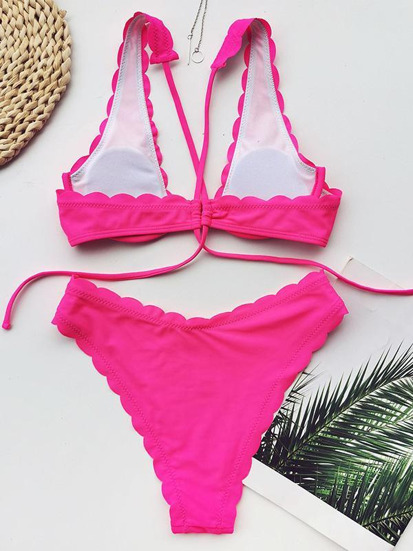 Solid Color Fringed Underwired Split Bikini Swimsuit