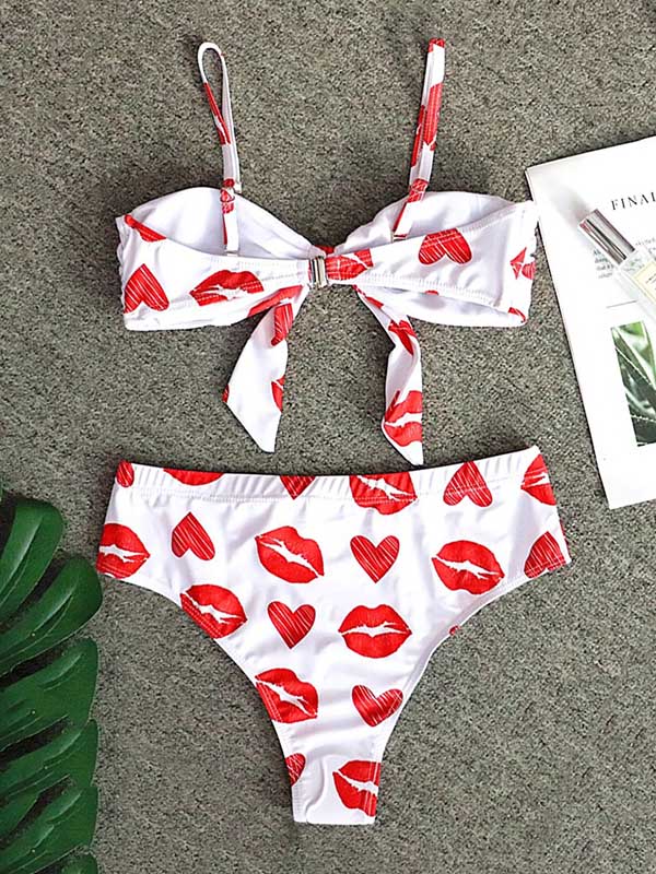 Lip Print Knotted Bandeau Split Bikini Swimsuit