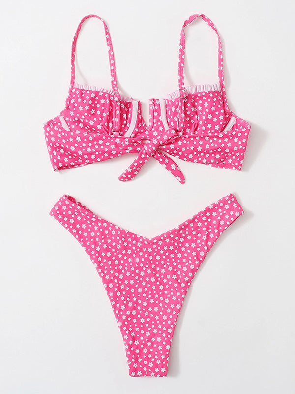 Bikini-Badeanzug mit Blumenmuster, Rüschen, Bügel und Schlitz 