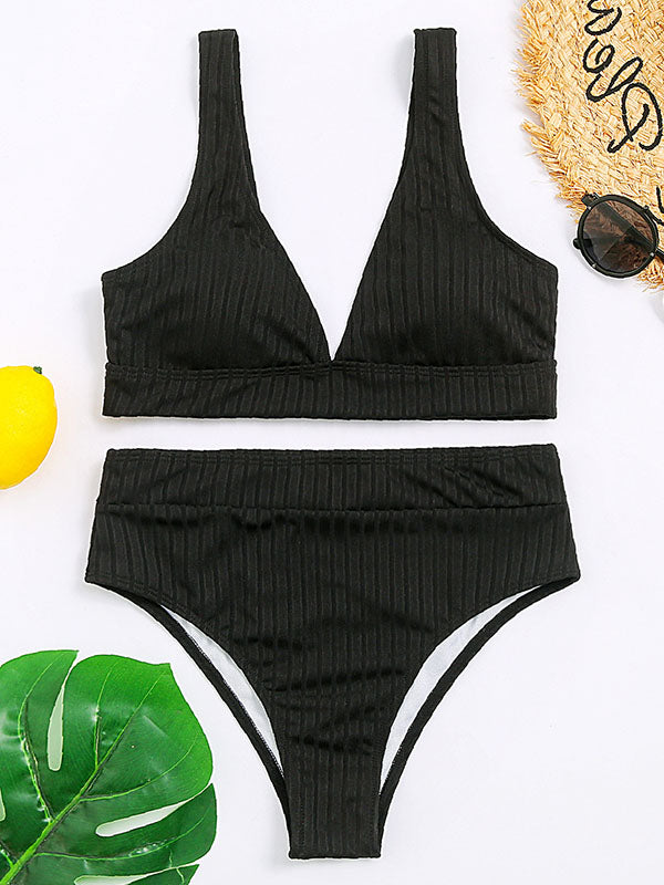 Solid Color Striped Deep V-Neck Split Bikini Swimsuit