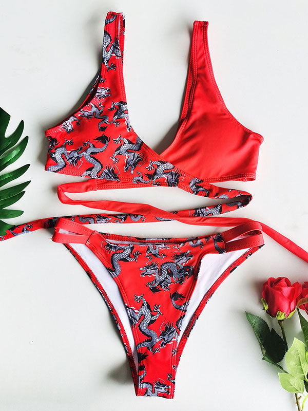 Chinese Style Printing  Asymmetric Split-Joint Bandage Split Bikini Swimsuit