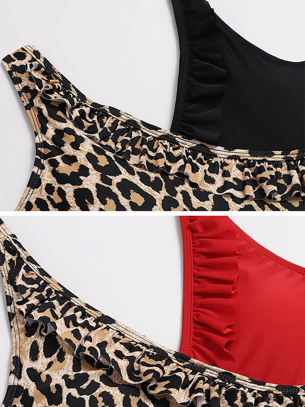 Asymmetric Split-Joint Leopard Print Backless One-Piece Swimwear