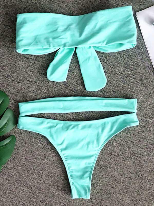 Einfarbiger Hot Drill Bikini-Badeanzug mit Knoten und Schlitz 