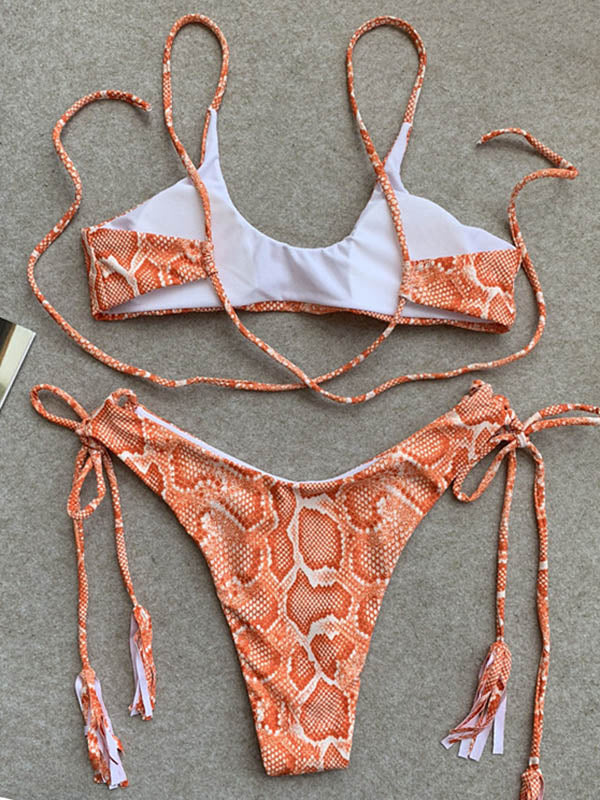 Snake-Print Bandage Spaghetti-Neck Split Bikini Swimsuit