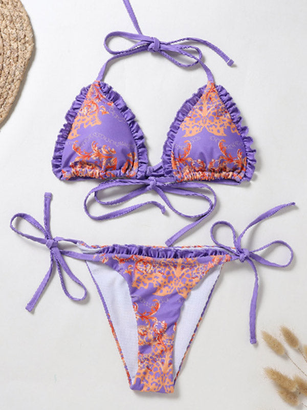 Bikini-Badeanzug mit Blumenmuster, gerüschten Dreiecken und Schlitz 