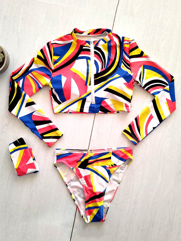 Abstract Printed Long Sleeve Zipper Split Wetsuit+Scarf