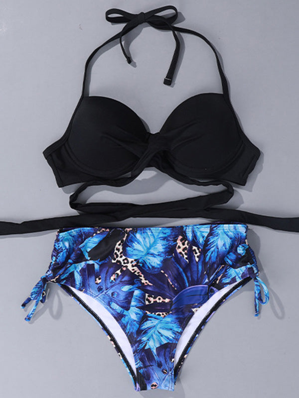 Solid Color Backless Bralette Floral High-Waisted Bikini Swimwear