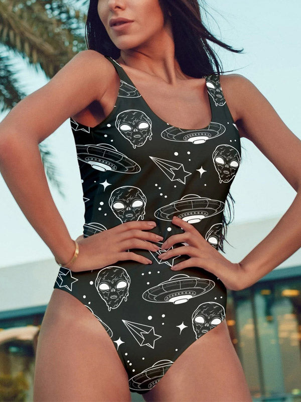 Sleeveless U-Neck Floral-Print Tight One-Piece Swimwear