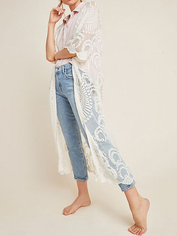 Half-Sleeve Embroidered See-Through Cardigan Cover-Up Swimwear