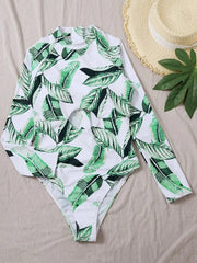 Floral Print Long Sleeve Hollow Zipper One-Piece Swimwear