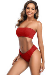 Solid Color Bandeau Split Bikini Swimsuit