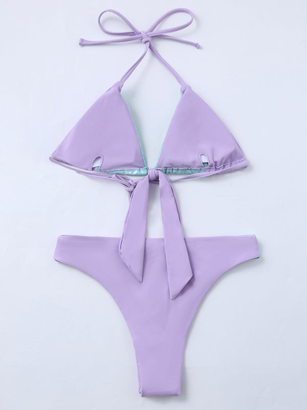 Bikini-Badeanzug mit Schlangenmuster, Farbblock, Schlitz und Knoten 