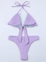 Bikini-Badeanzug mit Schlangenmuster, Farbblock, Schlitz und Knoten 