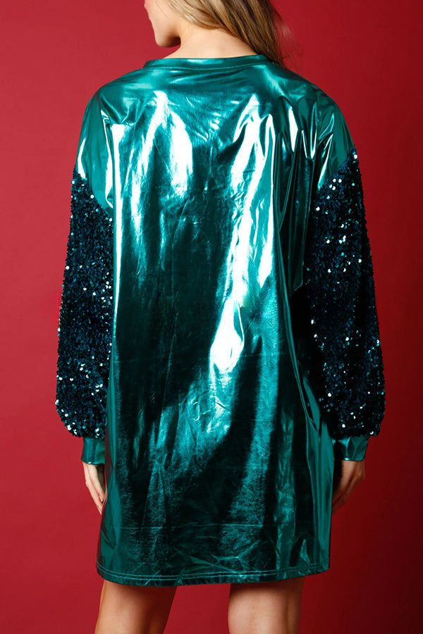 Verry Merry Sequin Sleeve Metallic Patchwork Loose Mini Dress